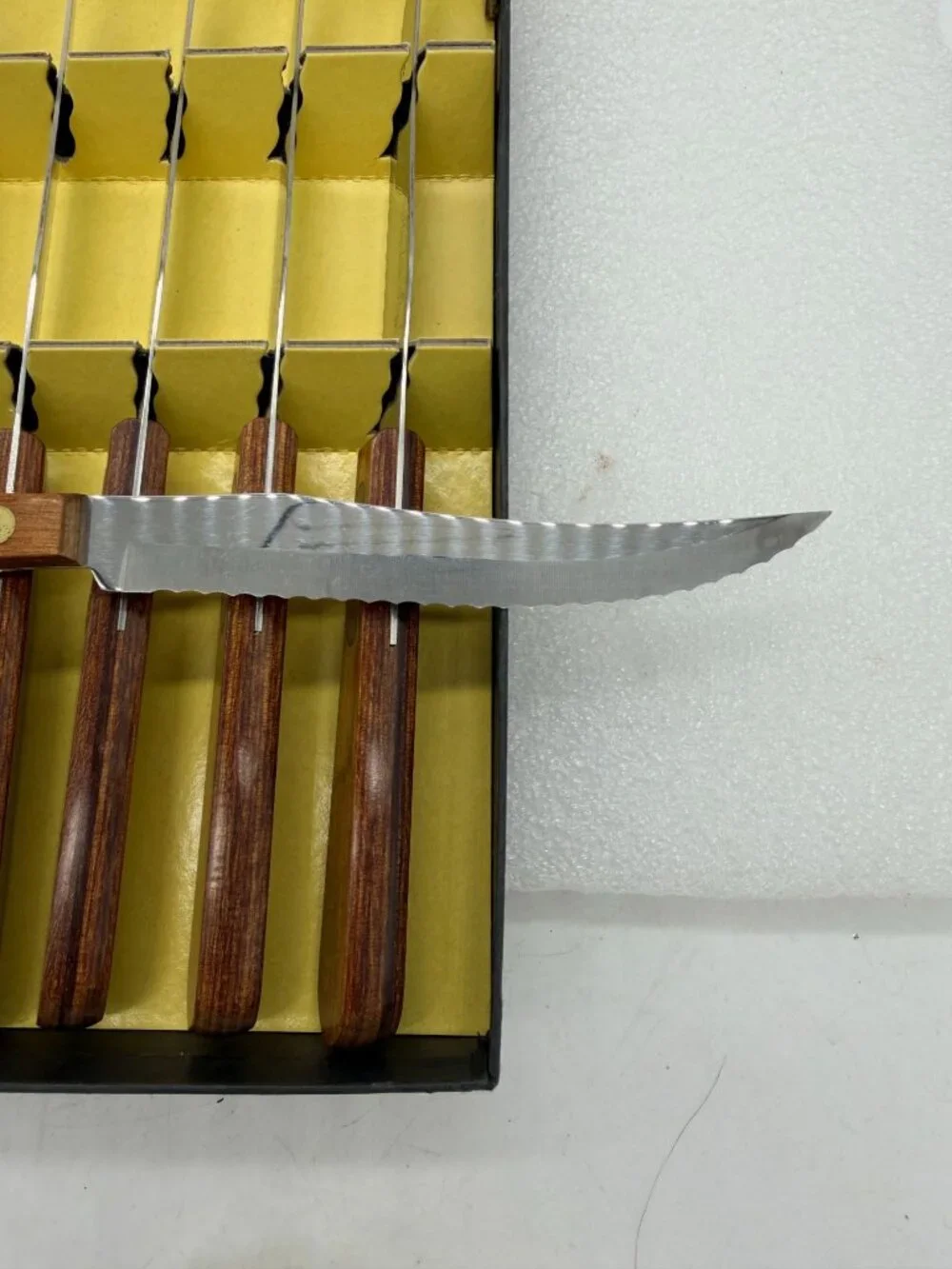 NOS Tel-Tru Stainless Steel Steak Knife Set of Six Wood Handles